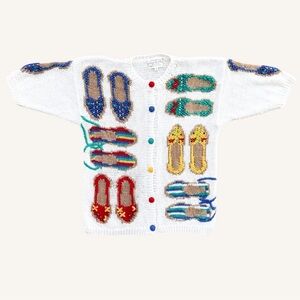 Vtg 1994 Susan Bristol Shoe Novelty Cardigan Cream Short Sleeve (S) Art to Wear